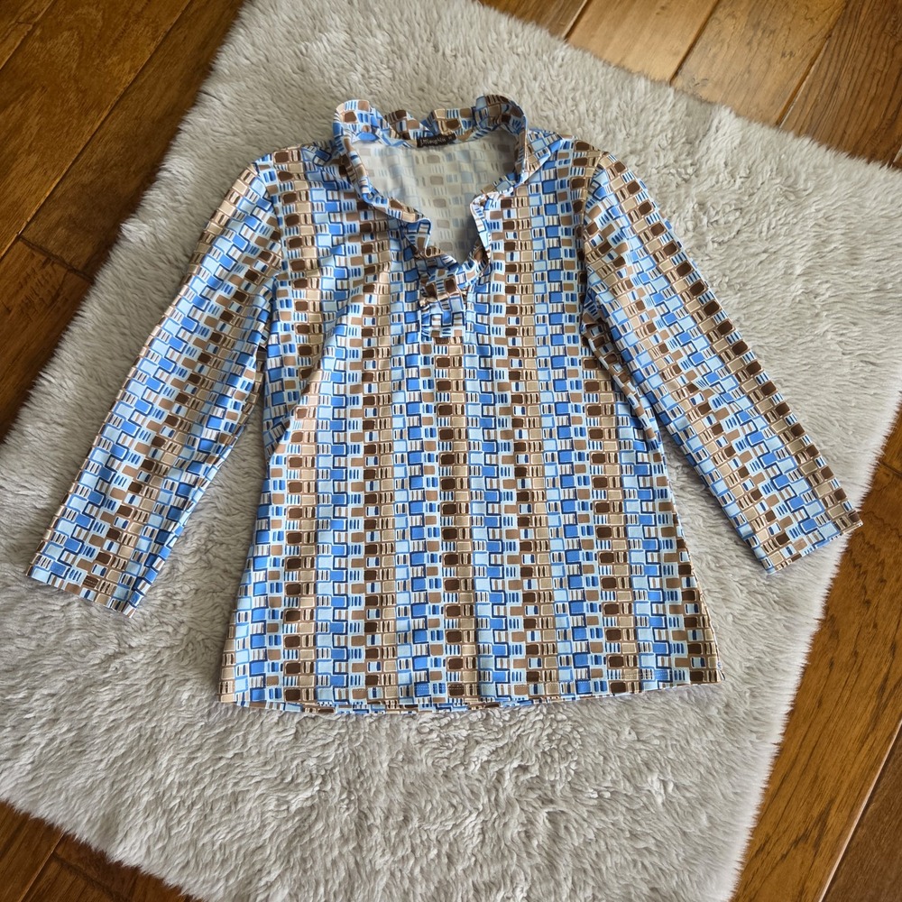 J. McLaughlin Durham Ruffle Neck Shirt Women's Medium Catalina Cloth Blue Print